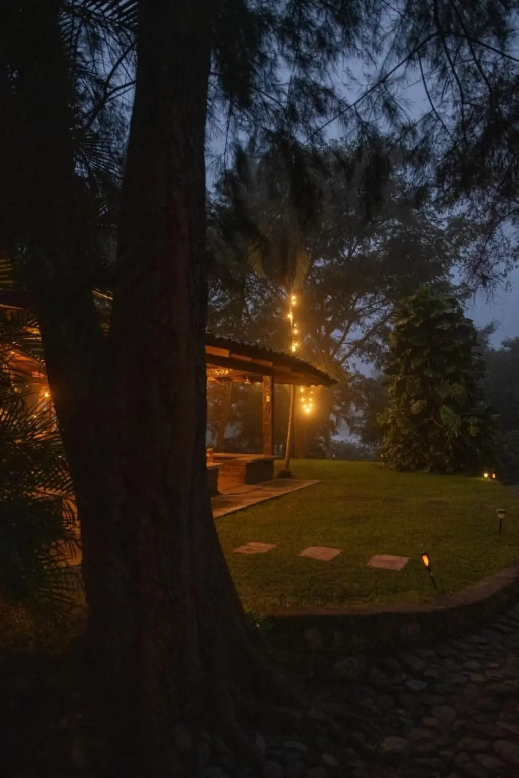 Jardín y sendero iluminados al anochecer